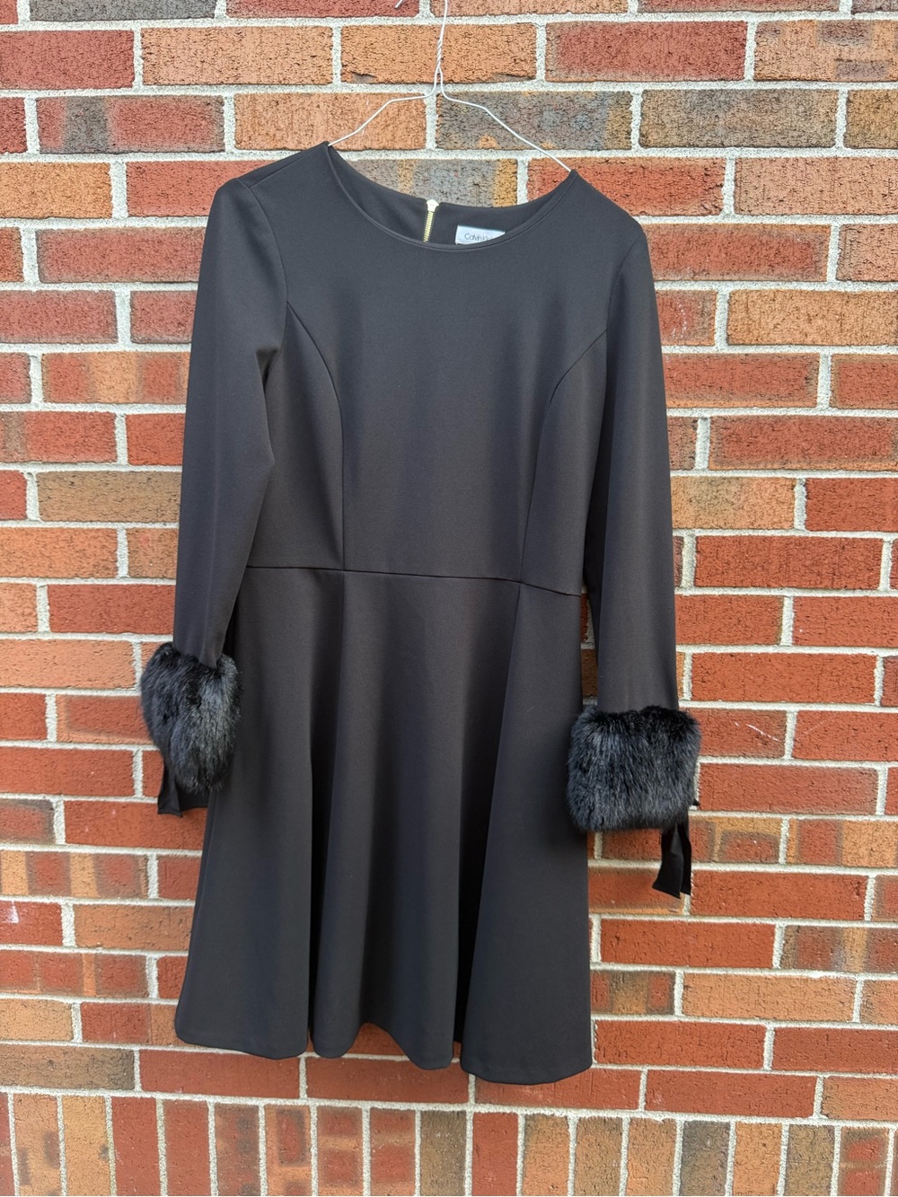 Calvin Klein Black Fit & Flare Dress Size 12 Faux Fur Cuff Long Sleeve